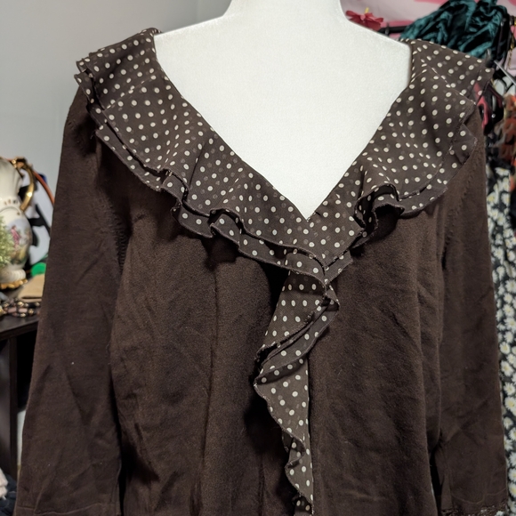 Brown Polka Dot Ruffle Collar Hook And Eye Closure Sweater - Picture 1 of 6